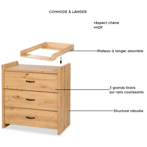 AMELIA Commode bébé avec plan à langer aspect chêne 2