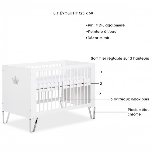 BLANKA Lit bébé 120x60 évolutif, pieds métal et motif couronne miroir 2