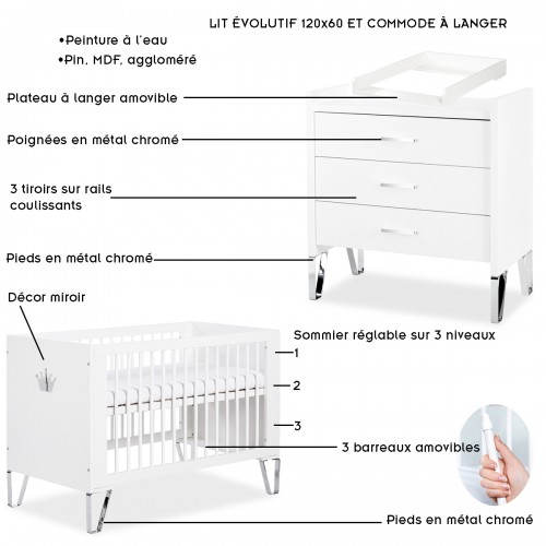 BLANKA Chambre bébé : lit bébé évolutif 120*60 et commode avec plan à langer 2