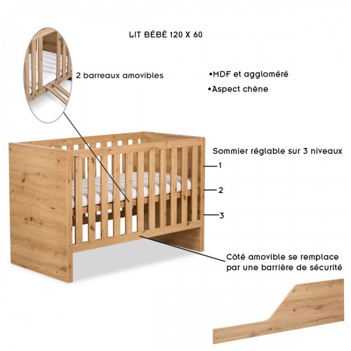 AMELIA Lit bébé 120x60 évolutif avec barrière de sécurité 2