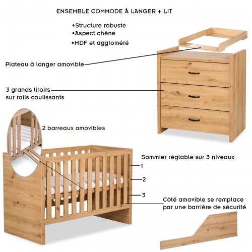 AMELIA Ensemble chambre bébé : lit évolutif 120*60 et commode à langer aspect chêne 2