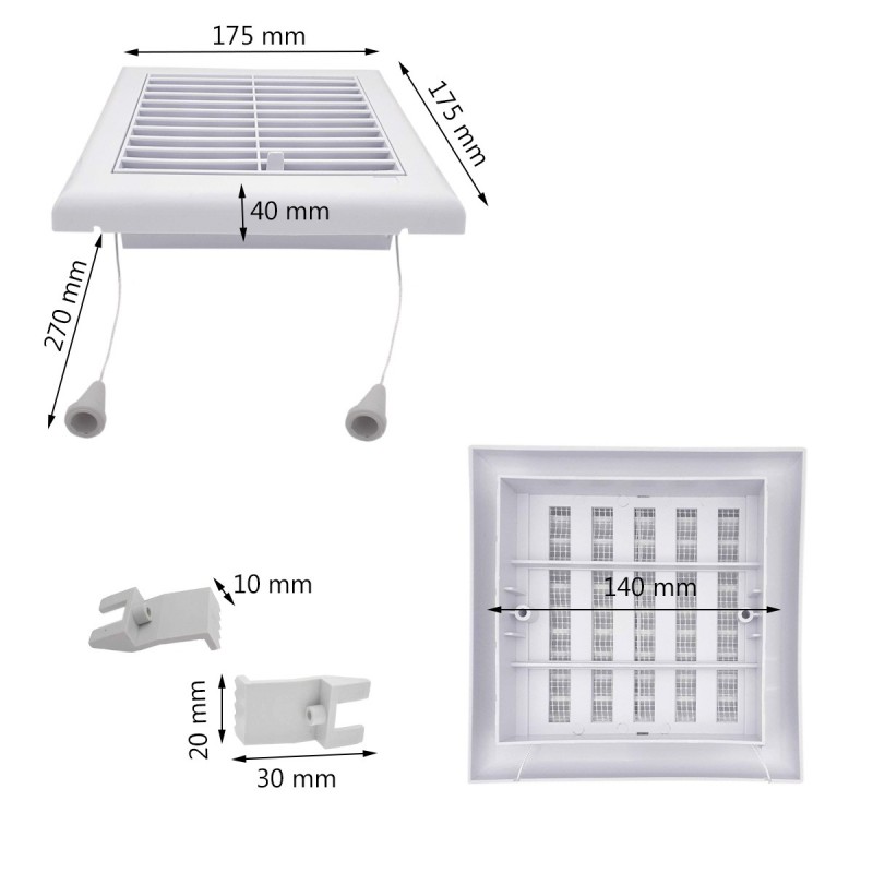 Grille intérieur avec moustiquaire et tirette  140x140mm