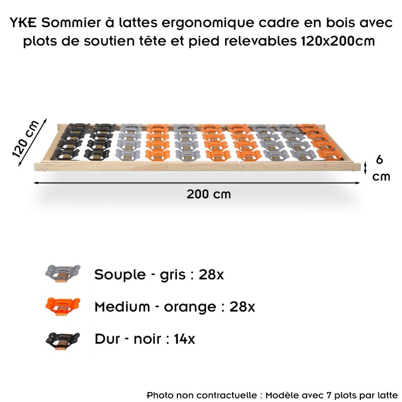YKE Sommier à lattes ergonomique cadre en bois avec plots de soutien tête et pied relevables