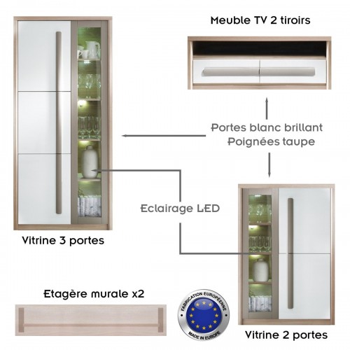 ROMA - Ensemble complet de meubles de salon - 2 vitrines, meuble TV, 2 étagères 2