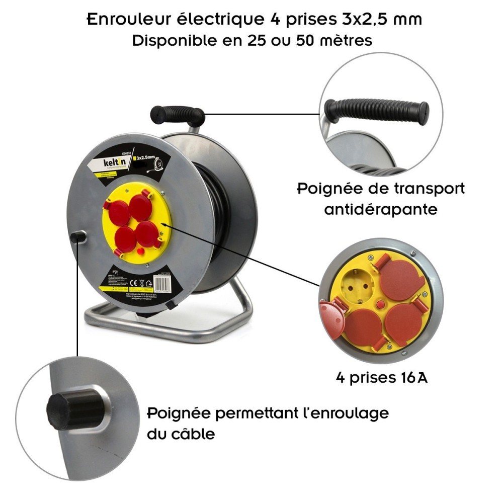 Enrouleur De Câble électrique 50 Mètres - 4 Prises, 3x2,5mm², 2950W, IP44, Jaune/noir Pour Extérieur