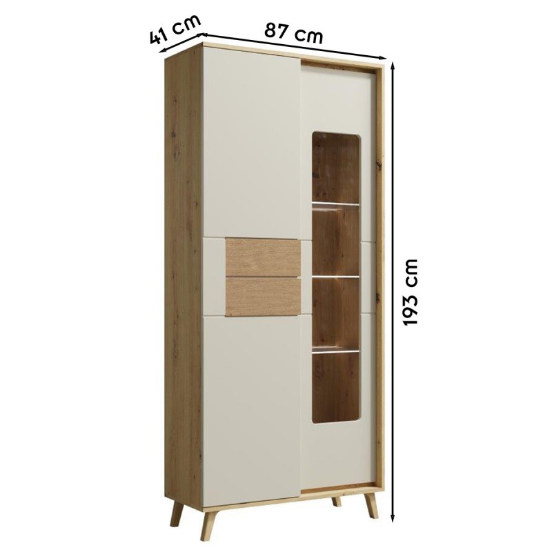 BRUNO Vitrine avec LED 2 portes 5 étages 87x193 cm en bois clair design intemporel