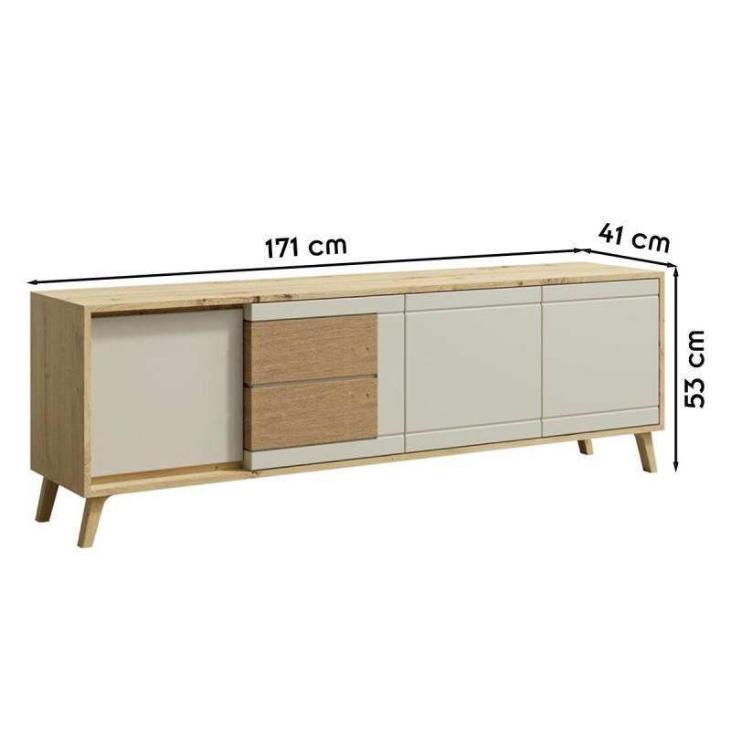 BRUNO Meuble TV 2 portes 2 tiroirs 171x53 cm en bois clair design intemporel