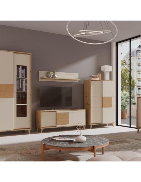 BRUNO Meuble TV 2 portes 1 tiroir 130x53 cm en bois clair design intemporel