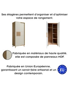 BRUNO Armoire penderie 2 portes 87x193 cm en bois clair design intemporel 2