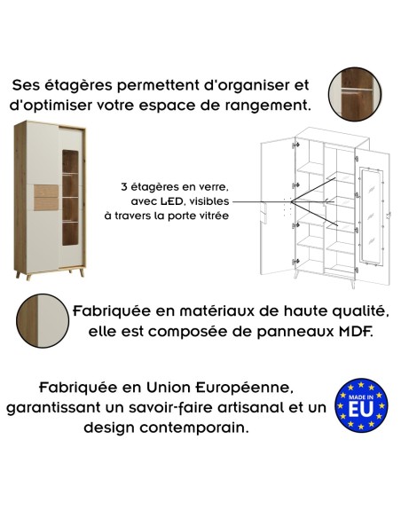BRUNO Vitrine avec LED 2 portes 5 étages 87x193 cm en bois clair