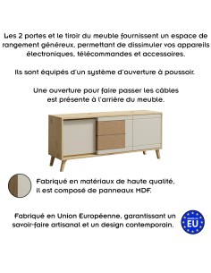 BRUNO Meuble TV 2 portes 1 tiroir 130x53 cm en bois clair design intemporel 2
