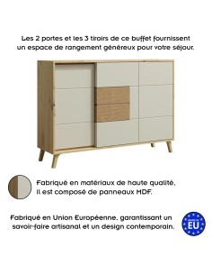 BRUNO Buffet commode 2 portes 3 tiroirs 130x89 cm en bois clair design intemporel 2