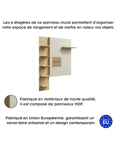 BRUNO Grand panneau mural 6 étagères 125x174 cm en bois clair design intemporel