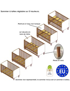 MATTI Lit bébé évolutif à barreaux pieds droits vernis écologique 2
