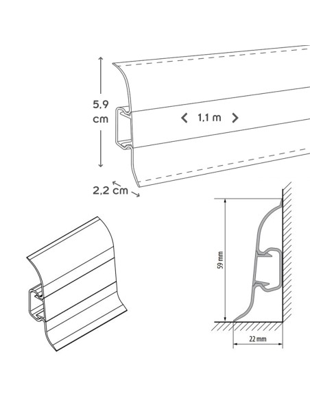Plinthe goulotte passe-câble PVC 59 mm - 1,10 m
