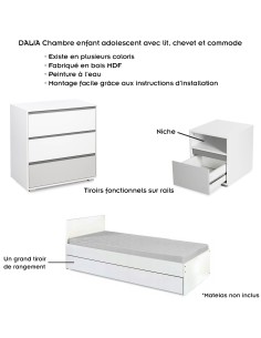 DALIA Chambre enfant adolescent avec lit + chevet  + commode 2