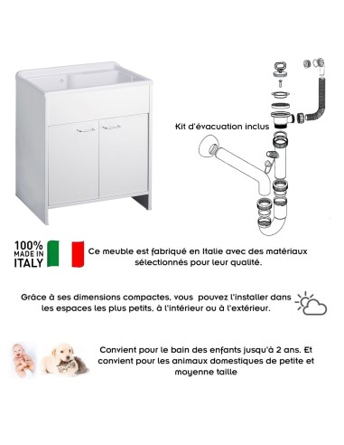 Meuble buanderie double porte PVC avec vasque bac à laver polypropylène 80x50