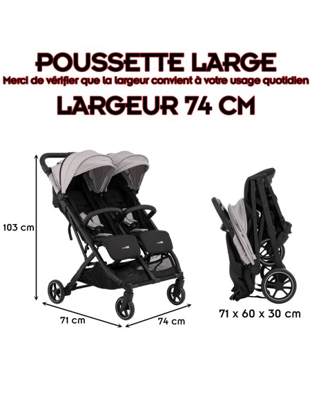 Poussette jumeaux ou enfants rapprochés largeur 74 cm