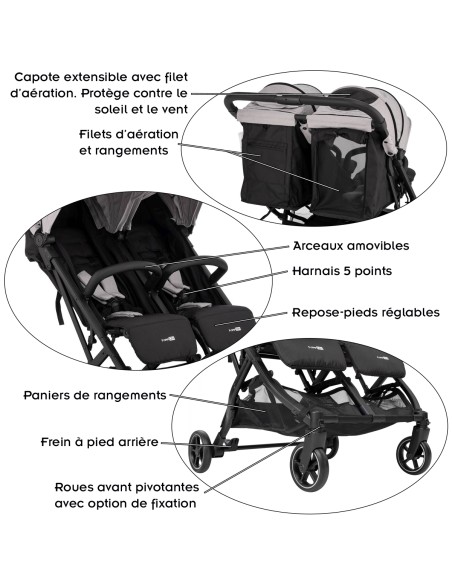 Poussette jumeaux ou enfants rapprochés largeur 74 cm