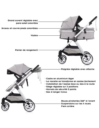 VISTA Poussette combinée jusqu'à 22 kg nacelle souple + assise classique avec cosy i-Size et base Isofix en option