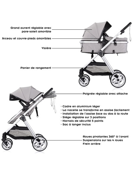 VISTA Poussette combinée jusqu'à 22 kg nacelle souple + assise classique avec cosy i-Size et base Isofix en option