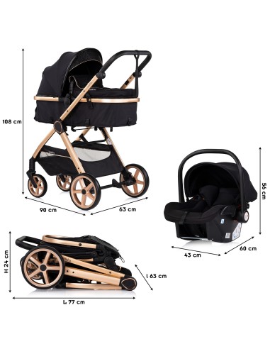 VISTA Poussette combinée jusqu'à 22 kg nacelle souple + assise classique avec cosy i-Size et base Isofix en option