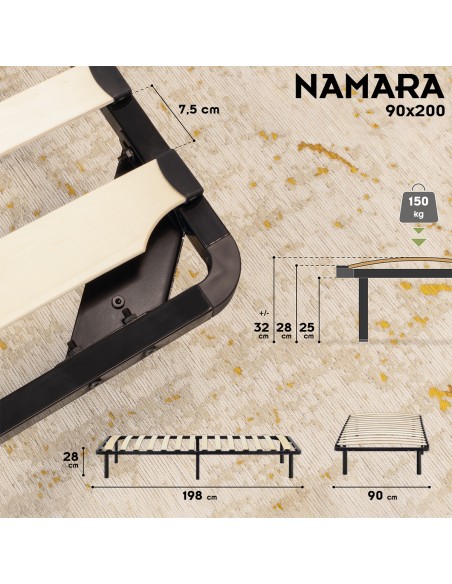 NAMARA Sommier à lattes robuste avec pieds en acier - Montage facile -