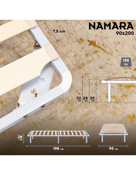 NAMARA Sommier à lattes robuste avec pieds en acier - Montage facile -