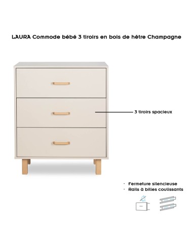 LAURA Commode bébé en bois de hêtre 3 tiroirs Champagne