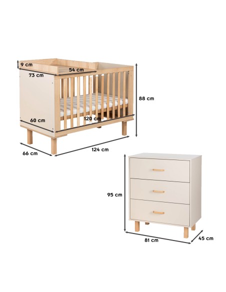 LAURA Ensemble bébé commode et lit évolutif 120x60 Champagne