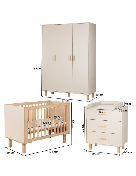 LAURA Chambre bébé armoire commode et lit évolutif 120x60 Champagne