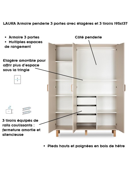 LAURA Armoire penderie 3 portes avec étagères et 3 tiroirs 195x137