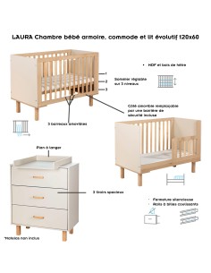 LAURA Ensemble bébé commode et lit évolutif 120x60 Champagne 2