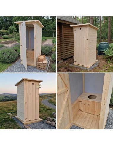Abri WC en bois fabrication artisanale, solide et prêt à poser. Toilettes sèches robustes style rustique.