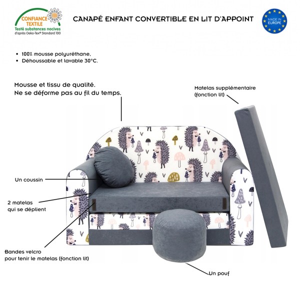 Canapé en mousse enfant convertible lit avec coussin et pouf  OEKO-TEX
