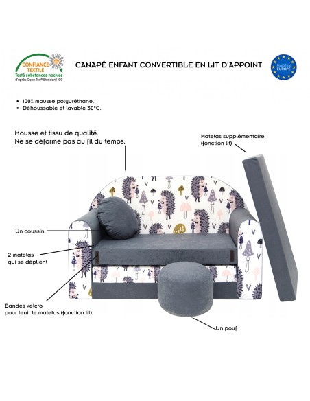 Canapé en mousse enfant convertible lit avec coussin et pouf  OEKO-TEX