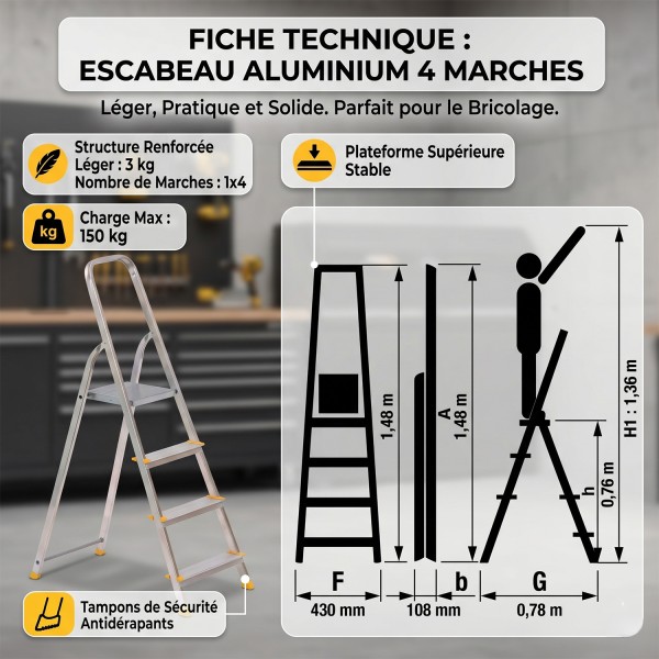 escabeau 4 marches marchepied pliable