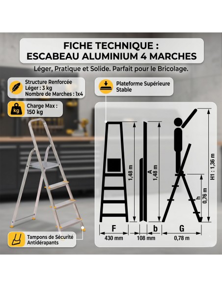 escabeau 4 marches marchepied pliable