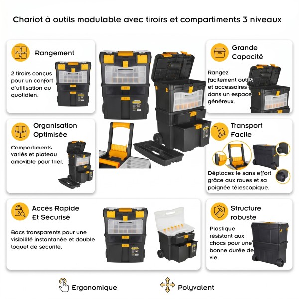 Chariot à outils modulable avec tiroirs et compartiments 3 niveaux