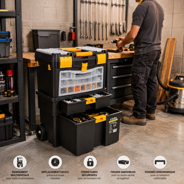 Chariot à outils modulable avec tiroirs et compartiments 3 niveaux