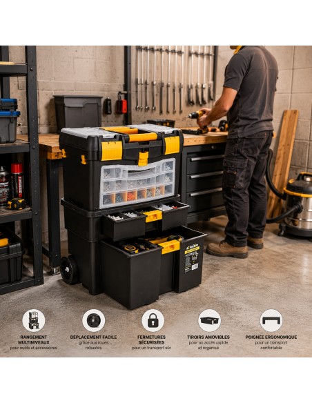 Chariot à outils modulable avec tiroirs et compartiments 3 niveaux