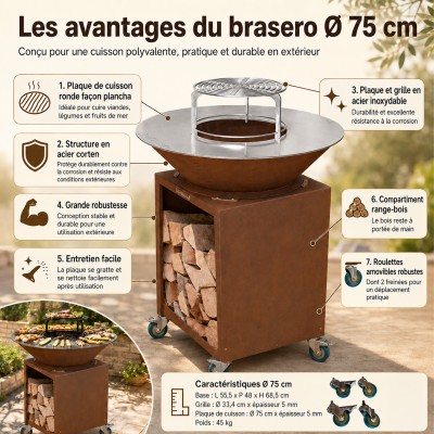 FIESTA Brasero haut acier corten avec plaque et grille amovible inox barbecue plancha extérieur 2
