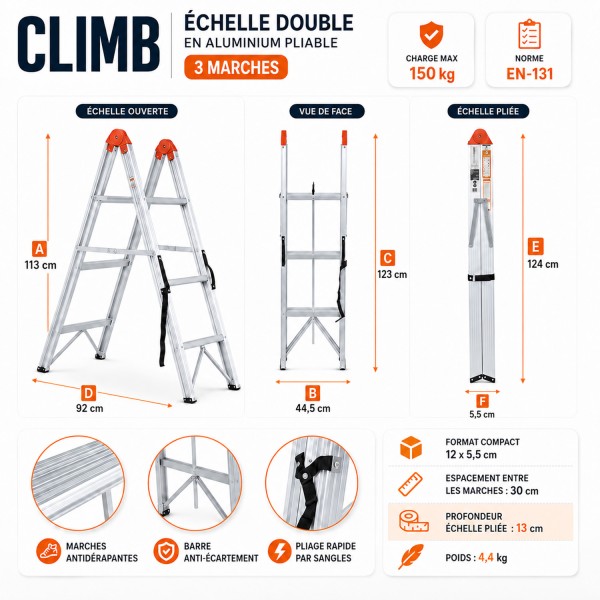 Échelle double pliante aluminium CLIMB – 3, 4 ou 5 marches