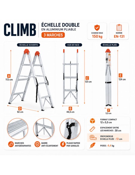 Échelle double pliante aluminium CLIMB – 3, 4 ou 5 marches