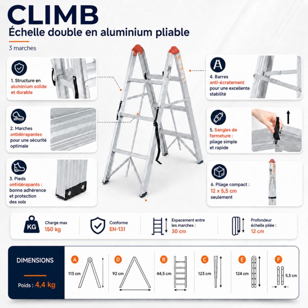 Échelle double pliante aluminium CLIMB – 3, 4 ou 5 marches