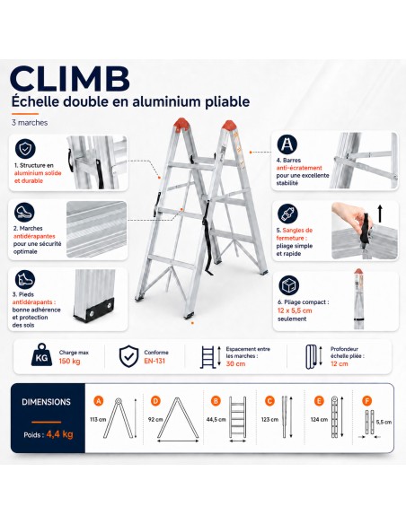 Échelle double pliante aluminium CLIMB – 3, 4 ou 5 marches