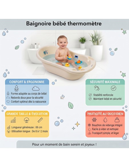 Baignoire bébé thermomètre pied évacuation 86 cm | BB-BOOM