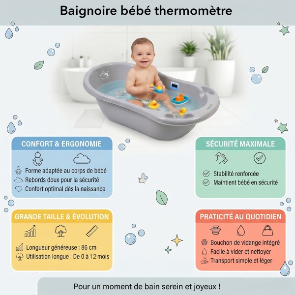 Baignoire bébé thermomètre pied évacuation 86 cm | BB-BOOM