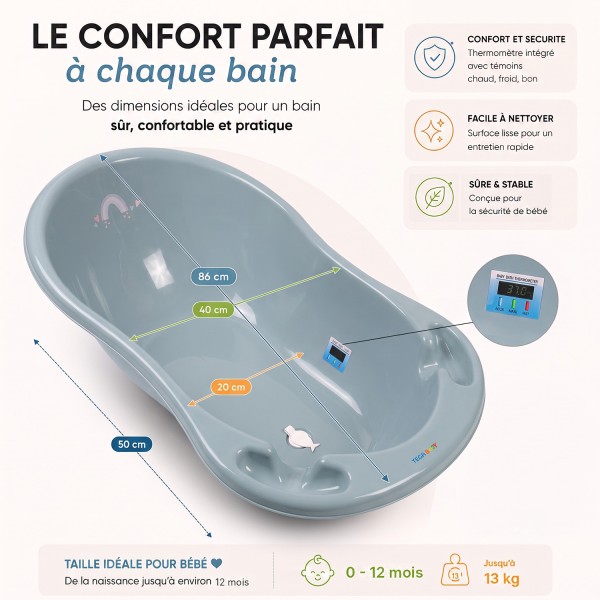 Baignoire bébé thermomètre pied évacuation 86 cm | BB-BOOM