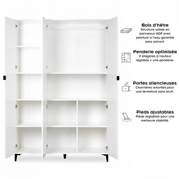 MIA Armoire penderie 3 portes avec étagères pour chambre enfant